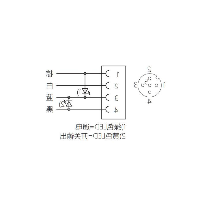 M12 4Pin、母头直型、带LED灯、单端预铸电缆、防焊渣PUR材质、黄色护套、64T311-XXX